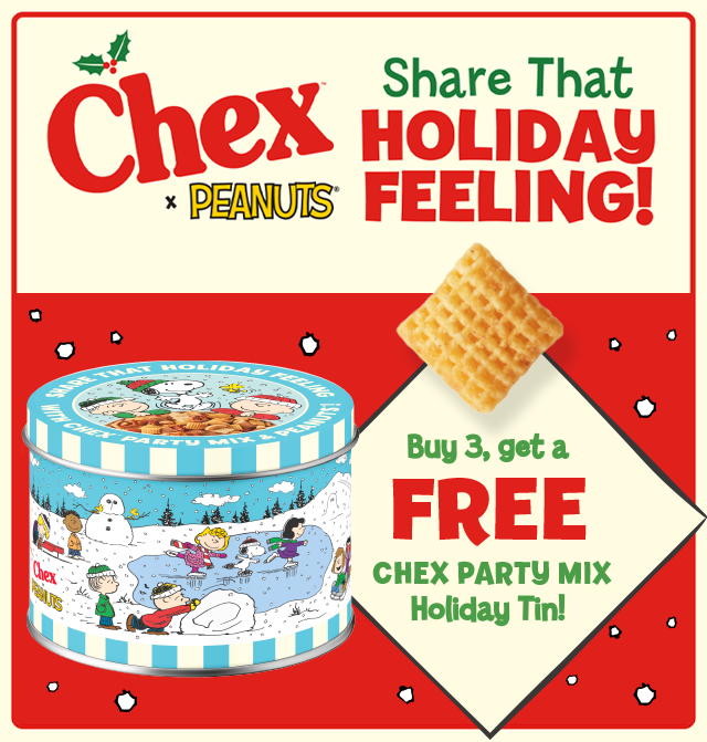 Free Chex Party Mix x PEANUTS Holiday Tin Offer