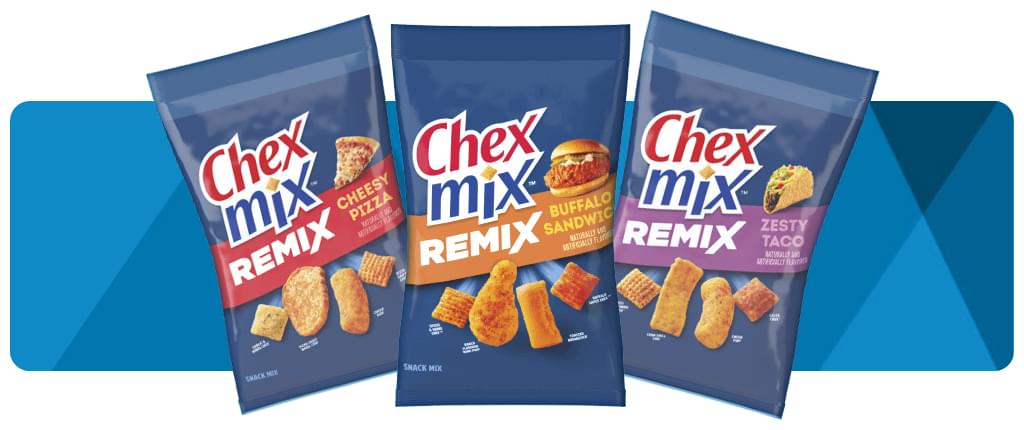 Three bags of Chex Mix Remix flavors: Chex Mix Remix Cheesy Pizza, Chex Mix Remix Buffalo Sandwich, Chex Mix Remix Zesty Taco.